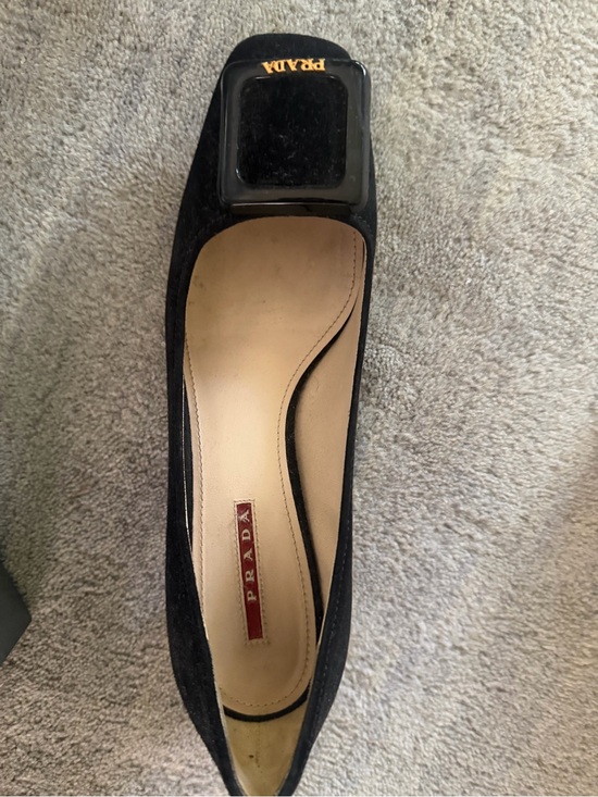 Prada Shoes - Prada Black Suede Square-Toe Ballet Flat with Patent Buckle